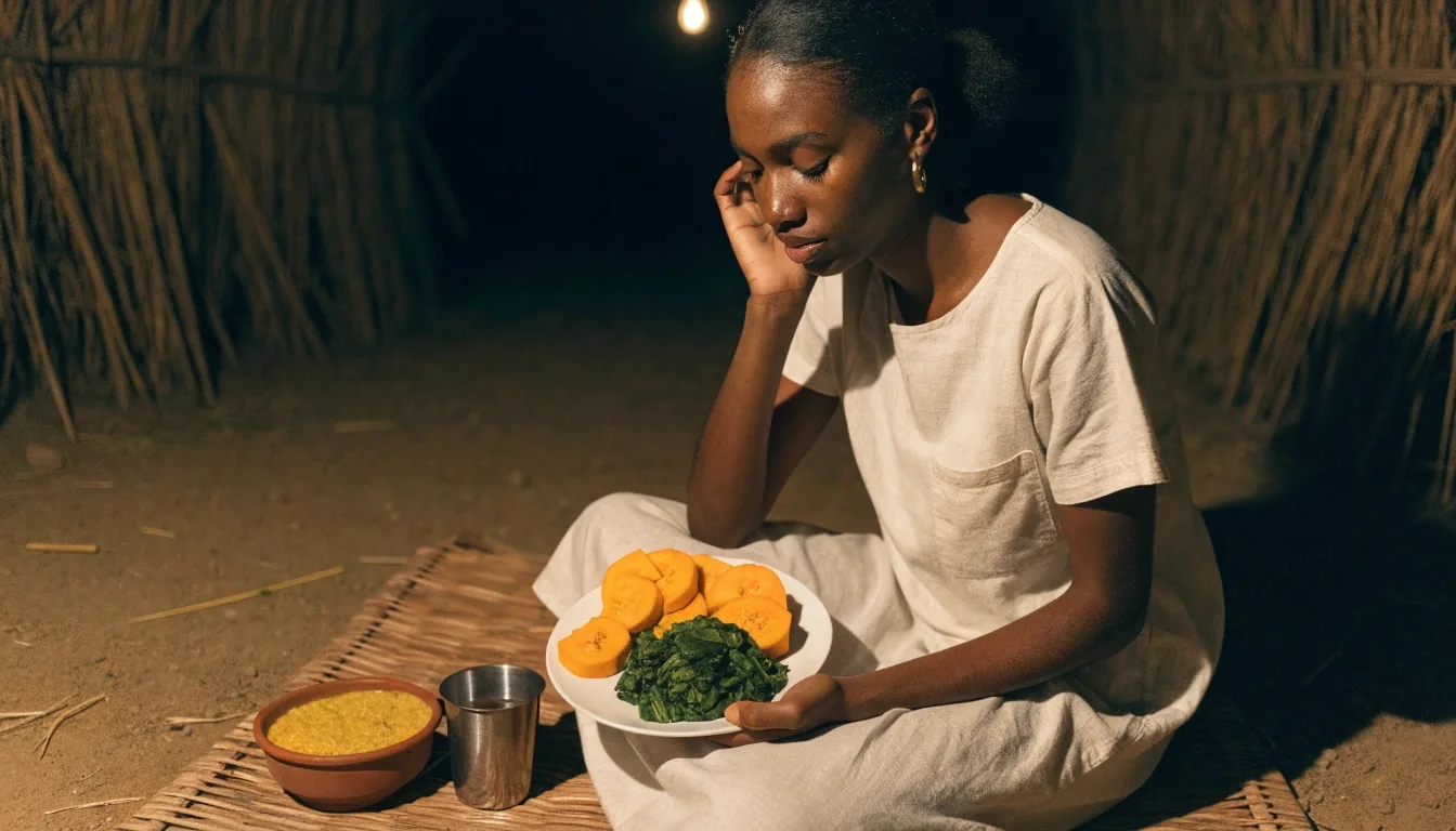 A nutritionist's consult desk under a warm lamp at night in Gaborone