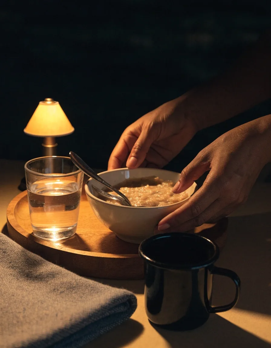 A glass of water and a bowl of sorghum on a dark kitchen counter at night
