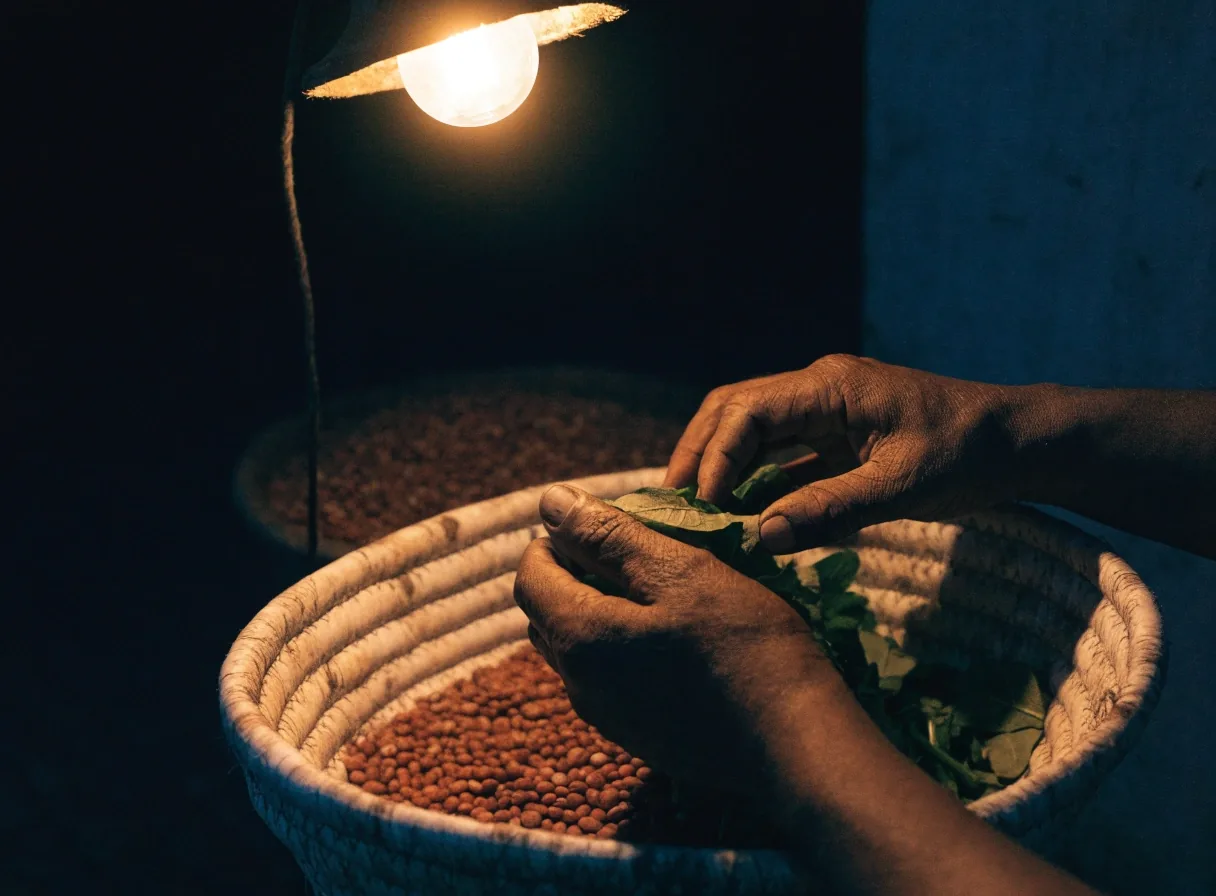 Hands sorting fresh greens and dried beans at a local produce stall in Botswana at dusk