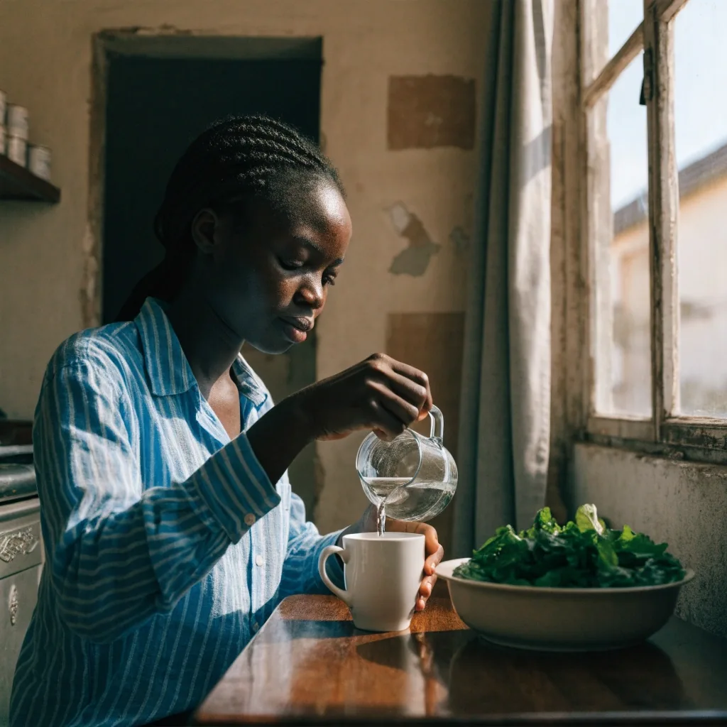 A glass of plain water on a dark counter