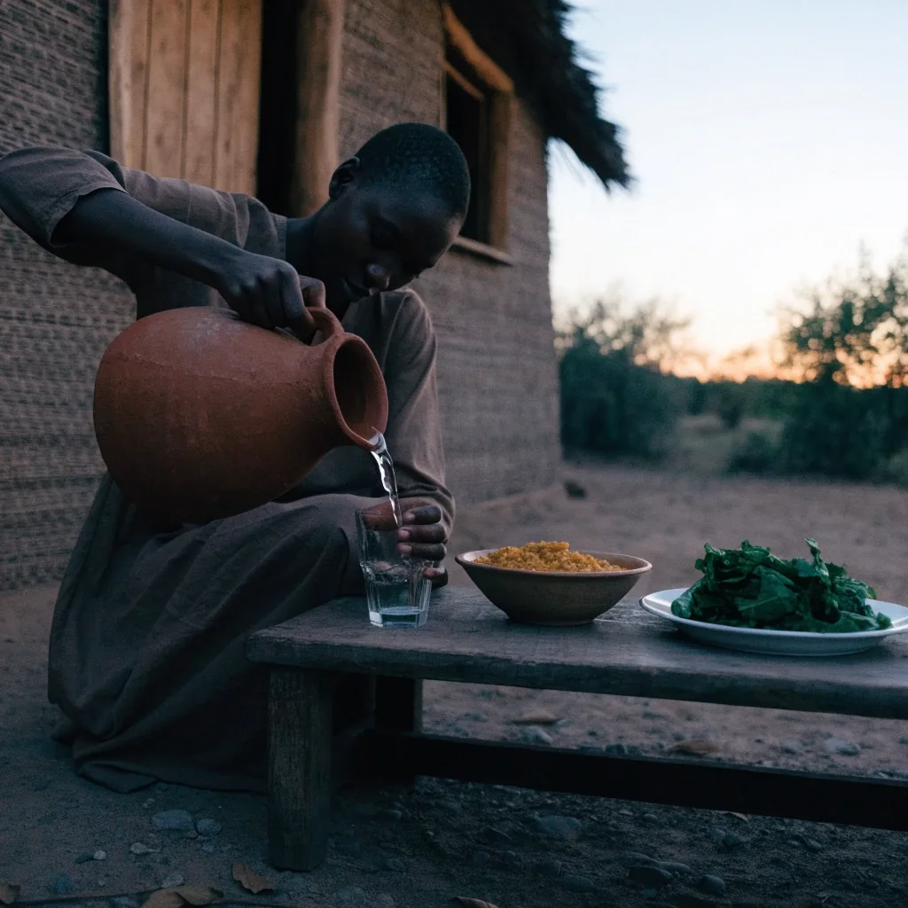 A Botswana kitchen table at night with sorghum, spinach and a glass of water under a warm lamp