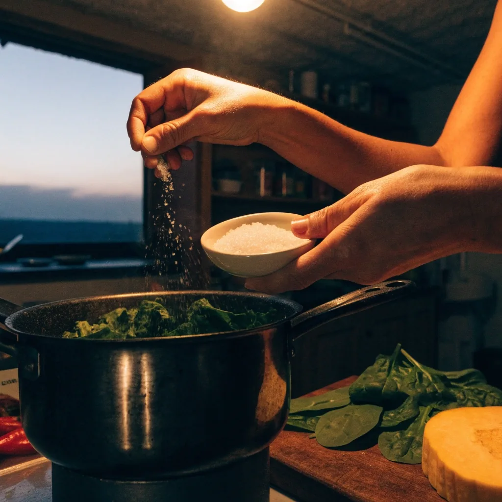 Fresh spinach leaves and pumpkin on a dark board