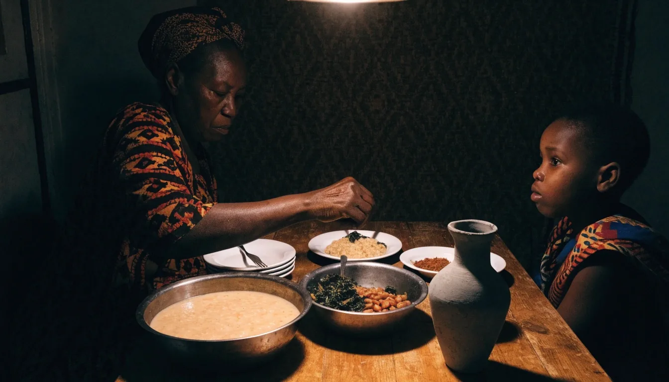 A shared evening meal of beans, greens and maize porridge on a kitchen table under one lamp