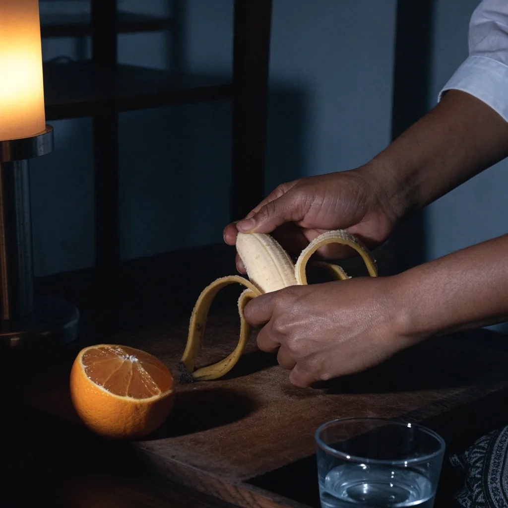 A sliced orange and a peeled banana on a dark plate