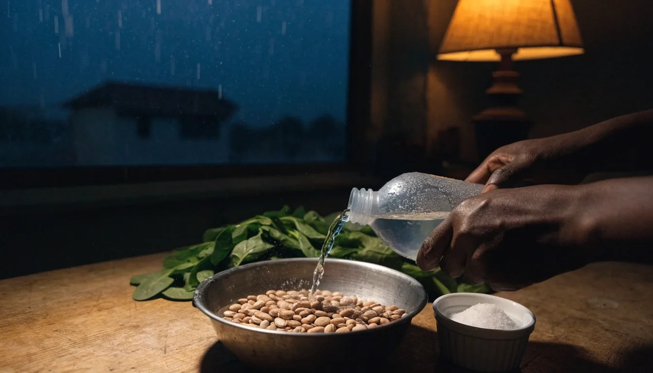 A dark Botswana kitchen counter at night with sorghum, spinach and a glass of water under a single warm lamp