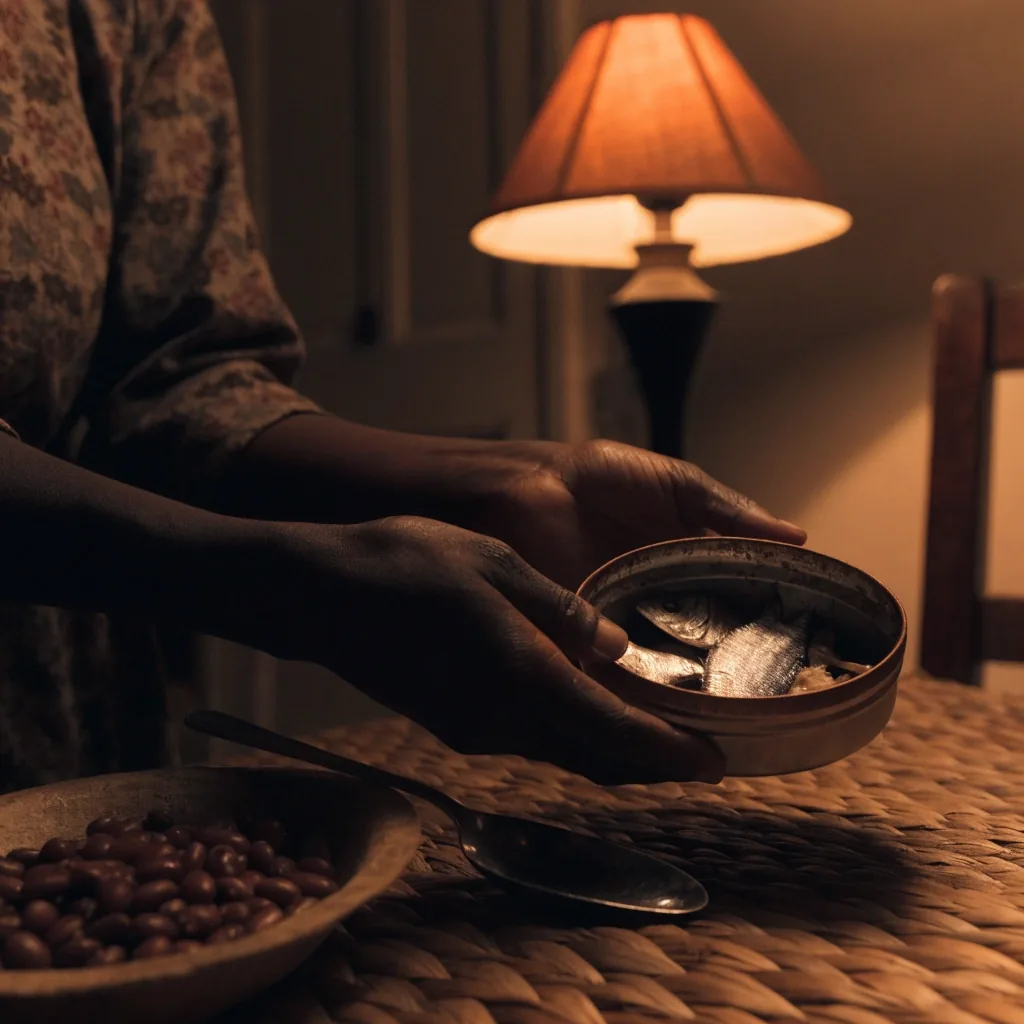 An opened tin of fish on a dark counter under warm lamp light