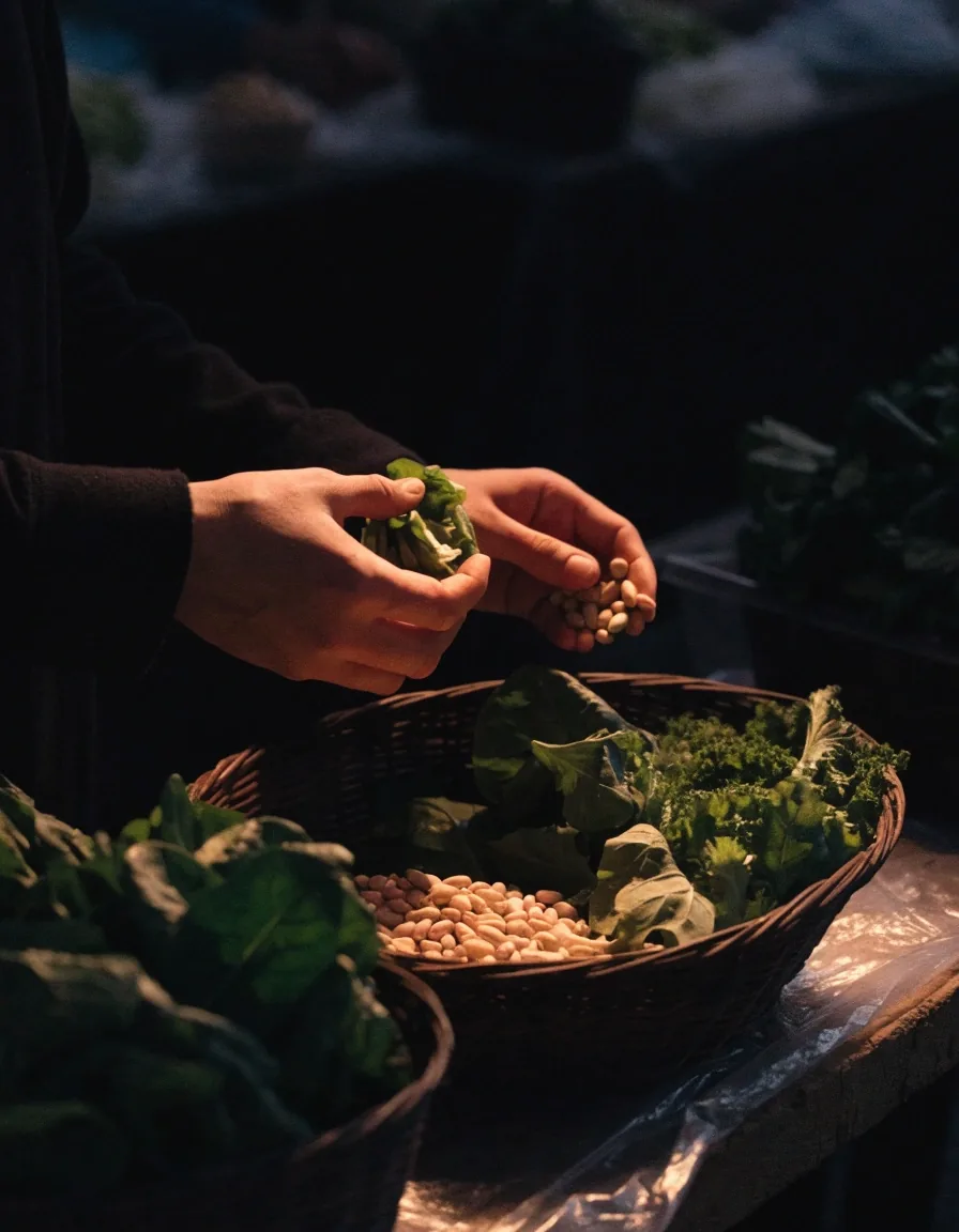 Hands sorting fresh greens and beans into a woven basket at a market stall at dusk
