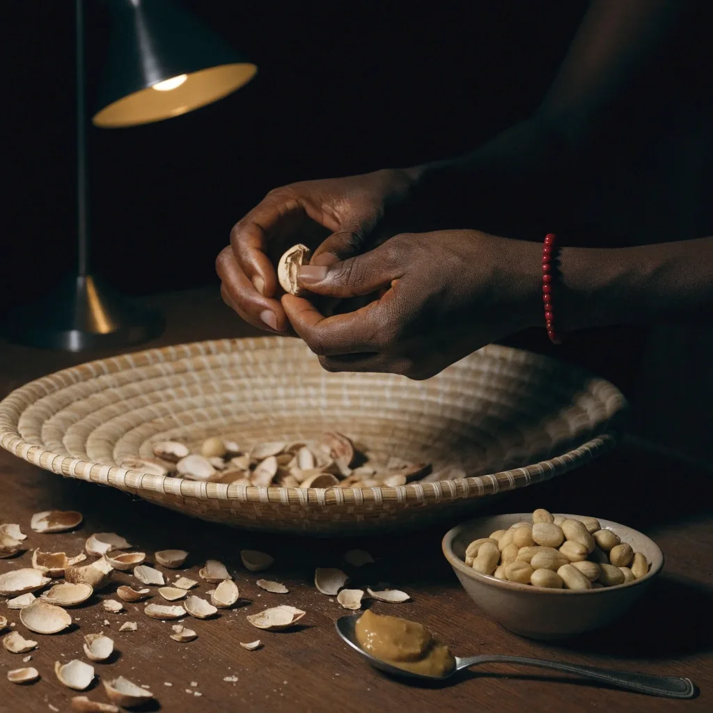 Shelled groundnuts on a dark board under warm light